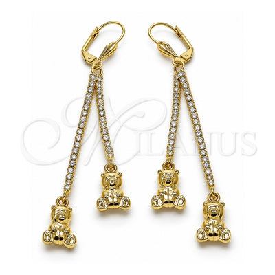 Oro Laminado Long Earring, Gold Filled Style Teddy Bear Design, with White Crystal, Polished, Golden Finish, 5.101.006