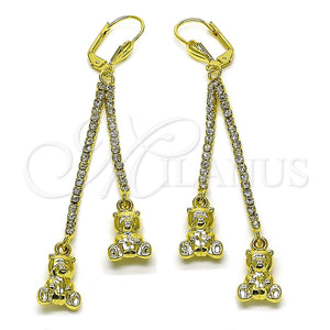 Oro Laminado Long Earring, Gold Filled Style Teddy Bear Design, with White Crystal, Polished, Golden Finish, 5.101.006