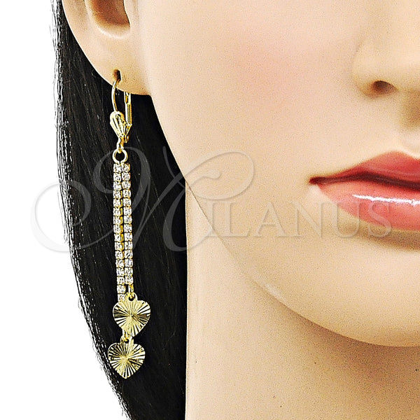 Oro Laminado Long Earring, Gold Filled Style Heart Design, with White Crystal, Diamond Cutting Finish, Golden Finish, 5.104.004