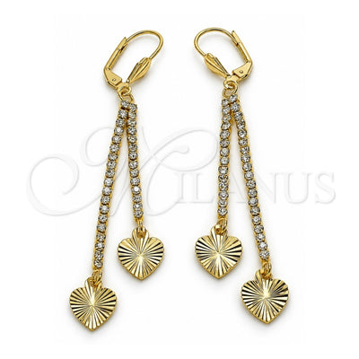 Oro Laminado Long Earring, Gold Filled Style Heart Design, with White Crystal, Diamond Cutting Finish, Golden Finish, 5.104.004