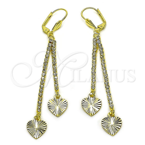 Oro Laminado Long Earring, Gold Filled Style Heart Design, with White Crystal, Diamond Cutting Finish, Golden Finish, 5.104.004