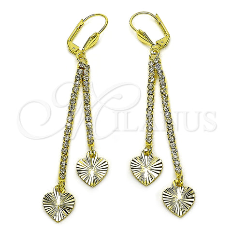 Oro Laminado Long Earring, Gold Filled Style Heart Design, with White Crystal, Diamond Cutting Finish, Golden Finish, 5.104.004