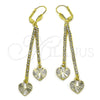 Oro Laminado Long Earring, Gold Filled Style Heart Design, with White Crystal, Diamond Cutting Finish, Golden Finish, 5.104.004