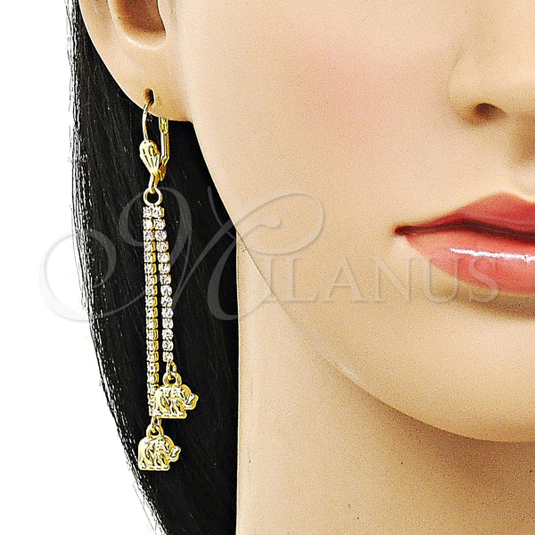 Oro Laminado Long Earring, Gold Filled Style Elephant Design, with White Crystal, Polished, Golden Finish, 5.105.002