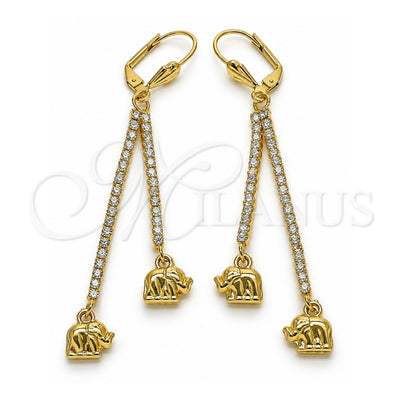 Oro Laminado Long Earring, Gold Filled Style Elephant Design, with White Crystal, Polished, Golden Finish, 5.105.002