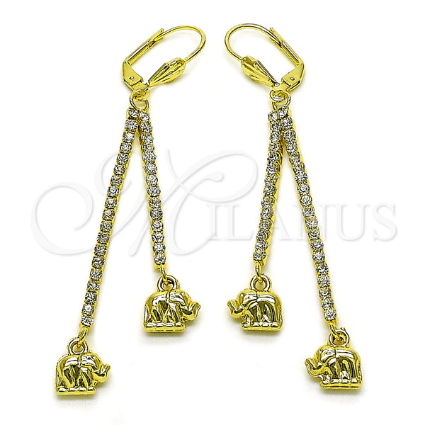 Oro Laminado Long Earring, Gold Filled Style Elephant Design, with White Crystal, Polished, Golden Finish, 5.105.002