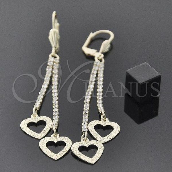 Oro Laminado Long Earring, Gold Filled Style Heart Design, with White Crystal, Matte Finish, Golden Finish, 5.105.011