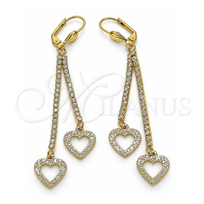 Oro Laminado Long Earring, Gold Filled Style Heart Design, with White Crystal, Matte Finish, Golden Finish, 5.105.011