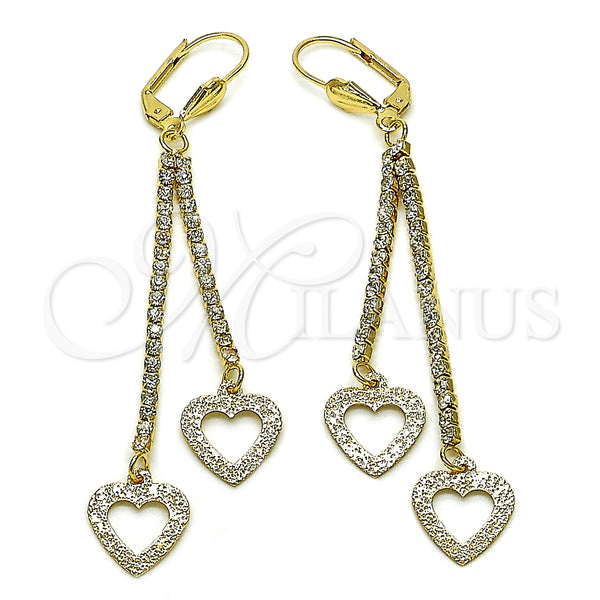 Oro Laminado Long Earring, Gold Filled Style Heart Design, with White Crystal, Matte Finish, Golden Finish, 5.105.011
