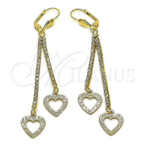 Oro Laminado Long Earring, Gold Filled Style Heart Design, with White Crystal, Matte Finish, Golden Finish, 5.105.011