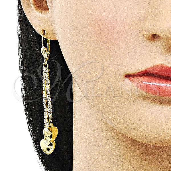 Oro Laminado Long Earring, Gold Filled Style Heart Design, with White Crystal, Polished, Golden Finish, 5.107.004