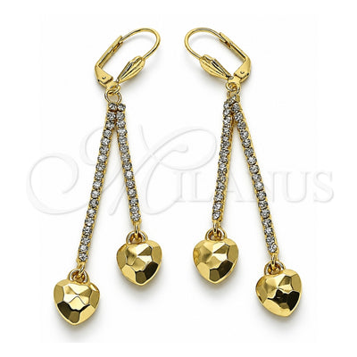 Oro Laminado Long Earring, Gold Filled Style Heart Design, with White Crystal, Polished, Golden Finish, 5.107.004