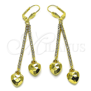 Oro Laminado Long Earring, Gold Filled Style Heart Design, with White Crystal, Polished, Golden Finish, 5.107.004