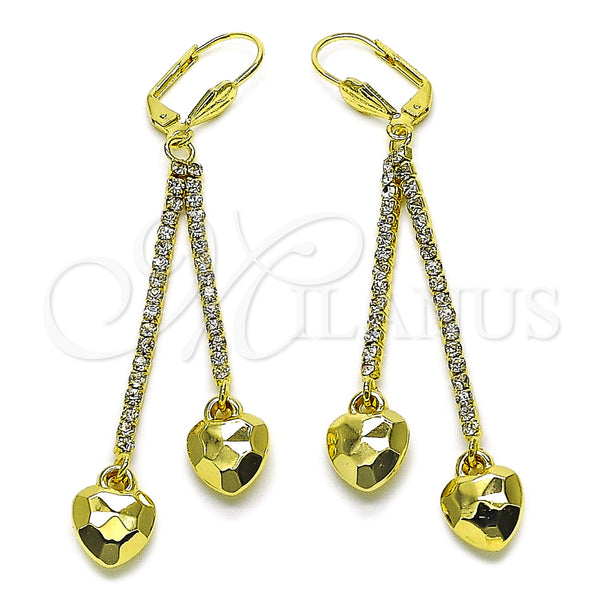 Oro Laminado Long Earring, Gold Filled Style Heart Design, with White Crystal, Polished, Golden Finish, 5.107.004