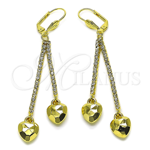 Oro Laminado Long Earring, Gold Filled Style Heart Design, with White Crystal, Polished, Golden Finish, 5.107.004