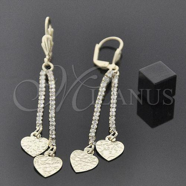 Oro Laminado Long Earring, Gold Filled Style Heart Design, with White Crystal, Polished, Golden Finish, 5.107.006