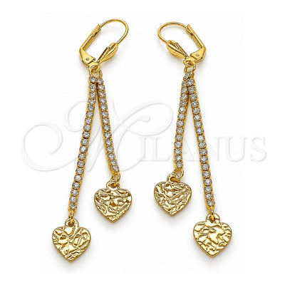 Oro Laminado Long Earring, Gold Filled Style Heart Design, with White Crystal, Polished, Golden Finish, 5.107.006