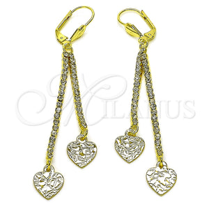 Oro Laminado Long Earring, Gold Filled Style Heart Design, with White Crystal, Polished, Golden Finish, 5.107.006
