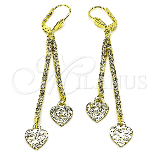 Oro Laminado Long Earring, Gold Filled Style Heart Design, with White Crystal, Polished, Golden Finish, 5.107.006