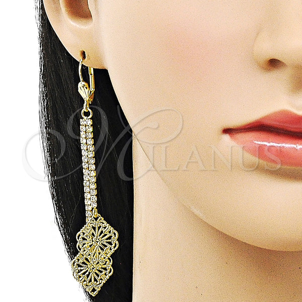 Oro Laminado Long Earring, Gold Filled Style Leaf Design, with White Crystal, Polished, Golden Finish, 5.108.004