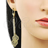 Oro Laminado Long Earring, Gold Filled Style Leaf Design, with White Crystal, Polished, Golden Finish, 5.108.004