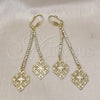 Oro Laminado Long Earring, Gold Filled Style Leaf Design, with White Crystal, Polished, Golden Finish, 5.108.004