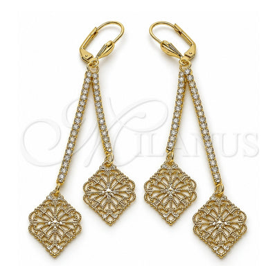 Oro Laminado Long Earring, Gold Filled Style Leaf Design, with White Crystal, Polished, Golden Finish, 5.108.004