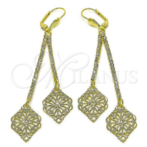 Oro Laminado Long Earring, Gold Filled Style Leaf Design, with White Crystal, Polished, Golden Finish, 5.108.004