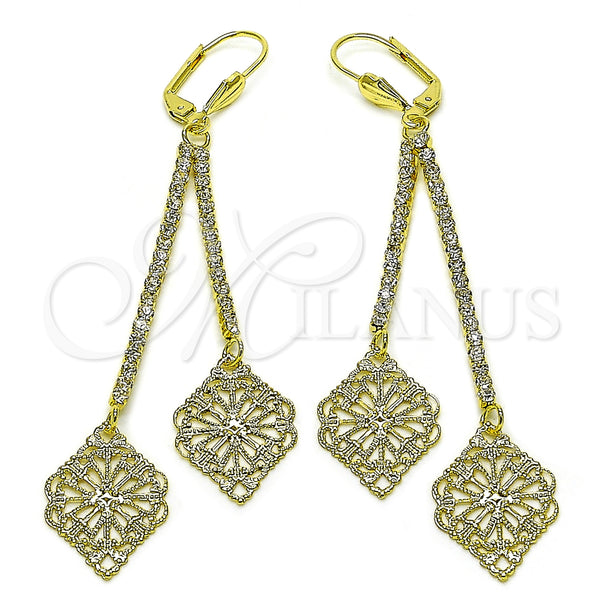Oro Laminado Long Earring, Gold Filled Style Leaf Design, with White Crystal, Polished, Golden Finish, 5.108.004