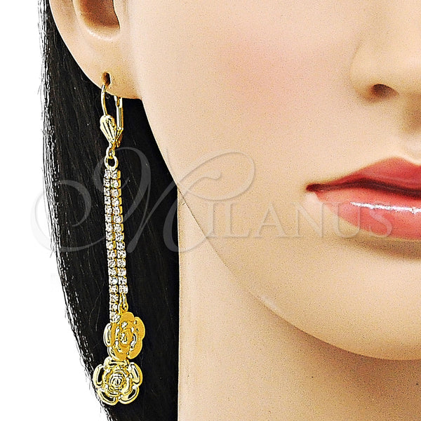 Oro Laminado Long Earring, Gold Filled Style Flower Design, with White Crystal, Polished, Golden Finish, 5.110.003