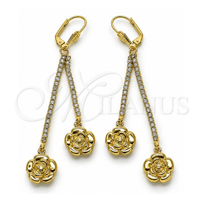 Oro Laminado Long Earring, Gold Filled Style Flower Design, with White Crystal, Polished, Golden Finish, 5.110.003