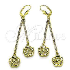 Oro Laminado Long Earring, Gold Filled Style Flower Design, with White Crystal, Polished, Golden Finish, 5.110.003