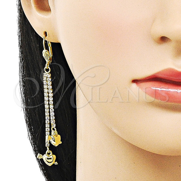 Oro Laminado Long Earring, Gold Filled Style Heart and Arrow Design, with White Crystal, Polished, Golden Finish, 5.098.010