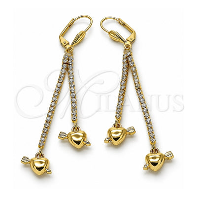Oro Laminado Long Earring, Gold Filled Style Heart and Arrow Design, with White Crystal, Polished, Golden Finish, 5.098.010