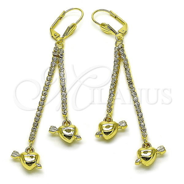 Oro Laminado Long Earring, Gold Filled Style Heart and Arrow Design, with White Crystal, Polished, Golden Finish, 5.098.010