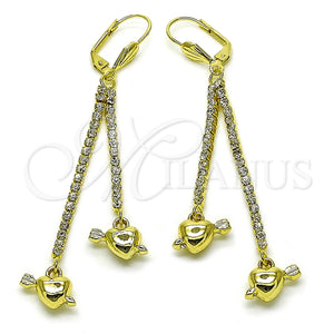 Oro Laminado Long Earring, Gold Filled Style Heart and Arrow Design, with White Crystal, Polished, Golden Finish, 5.098.010
