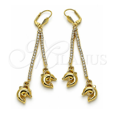 Oro Laminado Long Earring, Gold Filled Style Dolphin Design, with White Crystal, Polished, Golden Finish, 5.100.002
