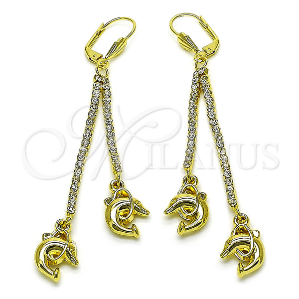 Oro Laminado Long Earring, Gold Filled Style Dolphin Design, with White Crystal, Polished, Golden Finish, 5.100.002