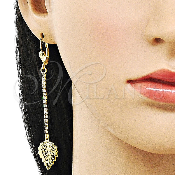 Oro Laminado Long Earring, Gold Filled Style Leaf Design, with White Crystal, Polished, Golden Finish, 5.089.013