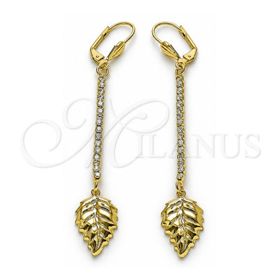 Oro Laminado Long Earring, Gold Filled Style Leaf Design, with White Crystal, Polished, Golden Finish, 5.089.013