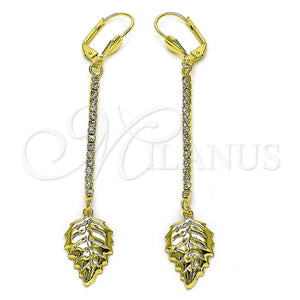 Oro Laminado Long Earring, Gold Filled Style Leaf Design, with White Crystal, Polished, Golden Finish, 5.089.013