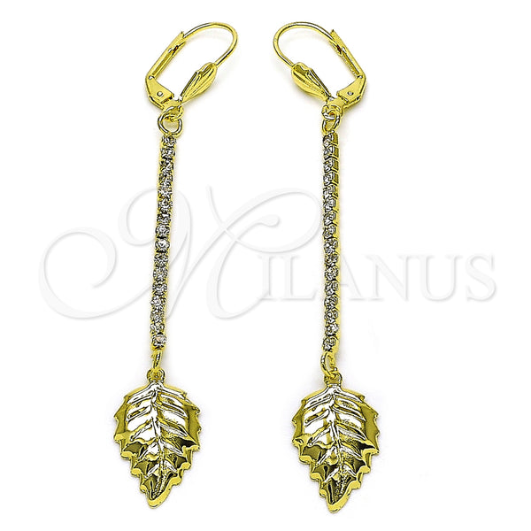 Oro Laminado Long Earring, Gold Filled Style Leaf Design, with White Crystal, Polished, Golden Finish, 5.089.013
