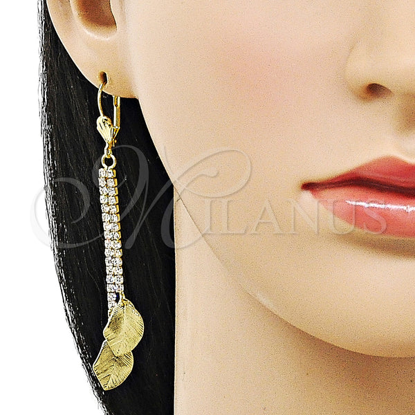 Oro Laminado Long Earring, Gold Filled Style Leaf Design, with White Crystal, Brushed Finish, Golden Finish, 5.071.009
