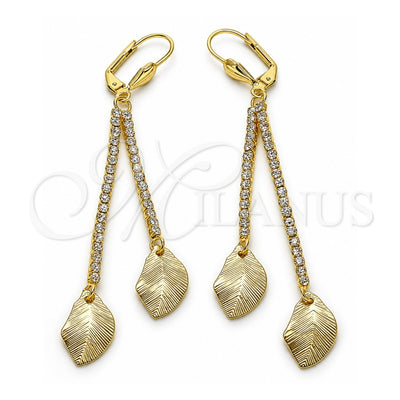 Oro Laminado Long Earring, Gold Filled Style Leaf Design, with White Crystal, Brushed Finish, Golden Finish, 5.071.009