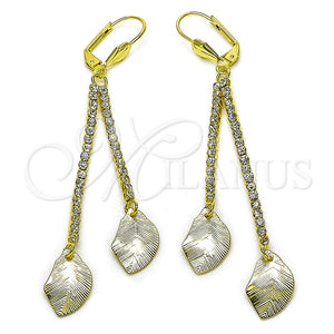 Oro Laminado Long Earring, Gold Filled Style Leaf Design, with White Crystal, Brushed Finish, Golden Finish, 5.071.009