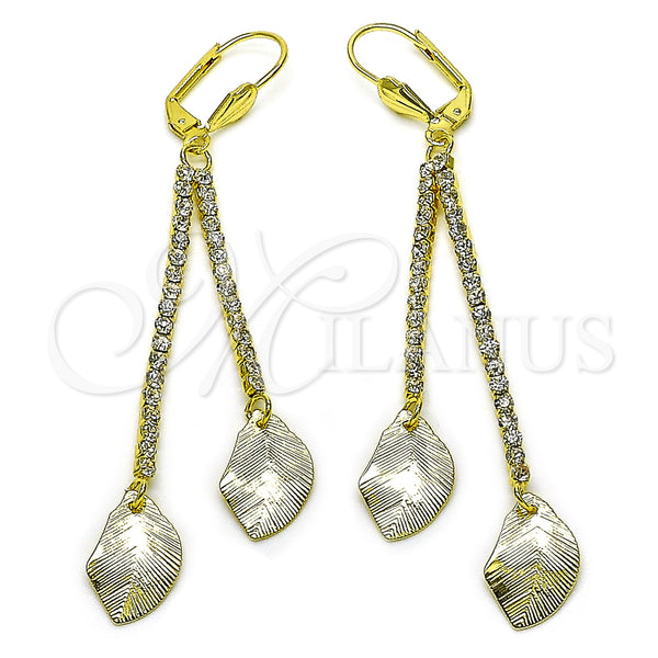 Oro Laminado Long Earring, Gold Filled Style Leaf Design, with White Crystal, Brushed Finish, Golden Finish, 5.071.009