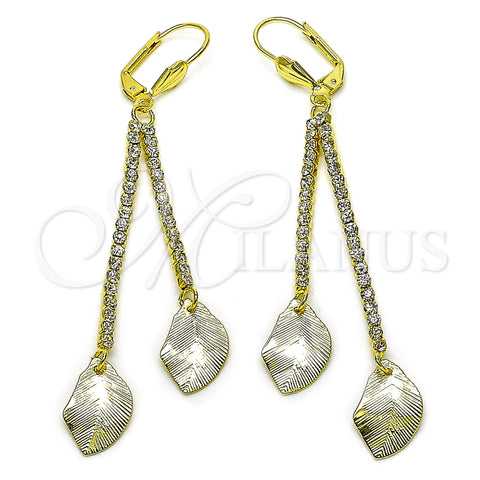 Oro Laminado Long Earring, Gold Filled Style Leaf Design, with White Crystal, Brushed Finish, Golden Finish, 5.071.009