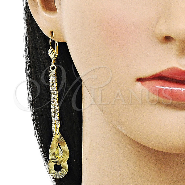 Oro Laminado Long Earring, Gold Filled Style Teardrop Design, with White Crystal, Diamond Cutting Finish, Golden Finish, 5.099.003