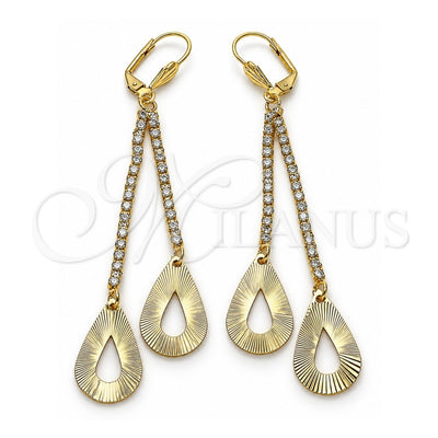 Oro Laminado Long Earring, Gold Filled Style Teardrop Design, with White Crystal, Diamond Cutting Finish, Golden Finish, 5.099.003