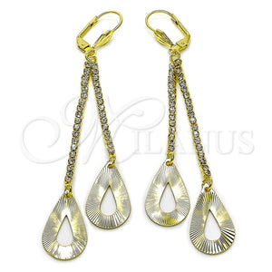 Oro Laminado Long Earring, Gold Filled Style Teardrop Design, with White Crystal, Diamond Cutting Finish, Golden Finish, 5.099.003